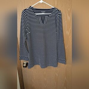Talbots  - Longsleeved V-Neck Blue Top w/White Stripes - Large -Great Condition!